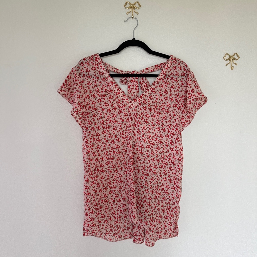 Red Floral Blouse with Bow in Back